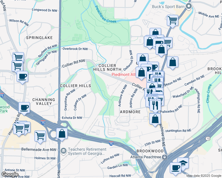 map of restaurants, bars, coffee shops, grocery stores, and more near 1911 Dellwood Drive Northwest in Atlanta