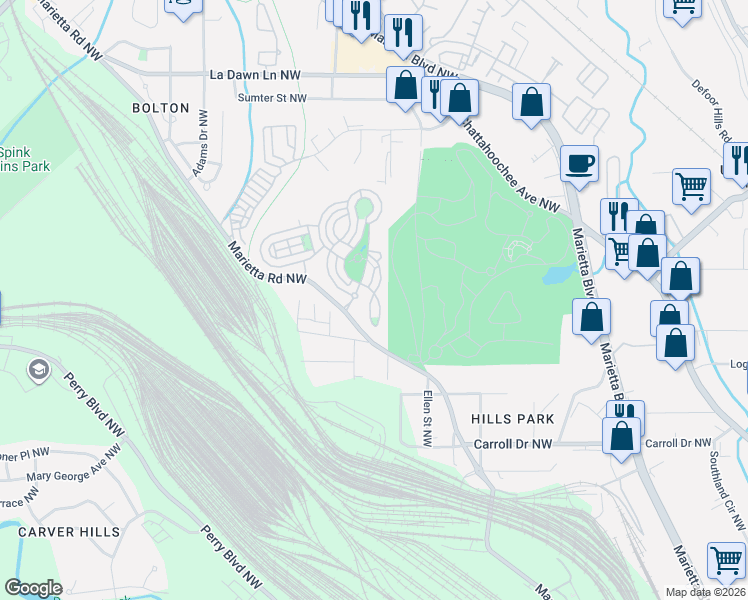 map of restaurants, bars, coffee shops, grocery stores, and more near 1641 Duncan Drive Northwest in Atlanta