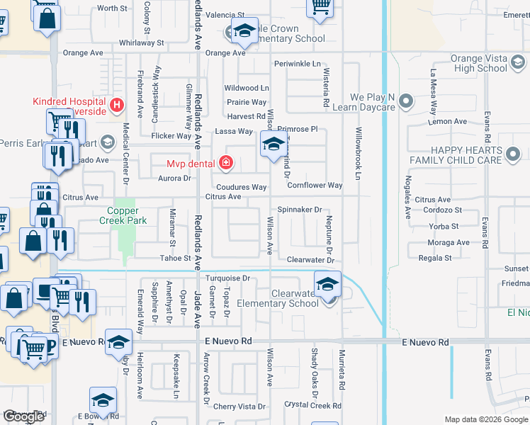 map of restaurants, bars, coffee shops, grocery stores, and more near 1955 Sierra Espadan Road in Perris