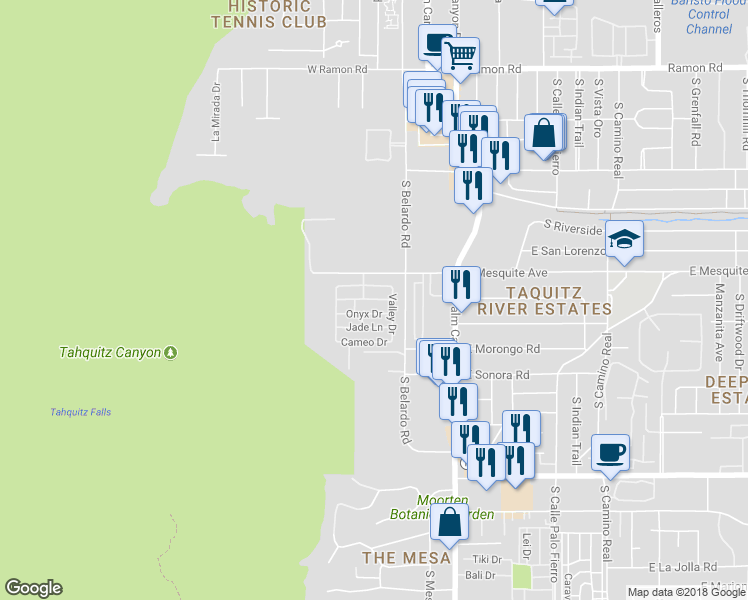 map of restaurants, bars, coffee shops, grocery stores, and more near 309 Marble Lane in Palm Springs