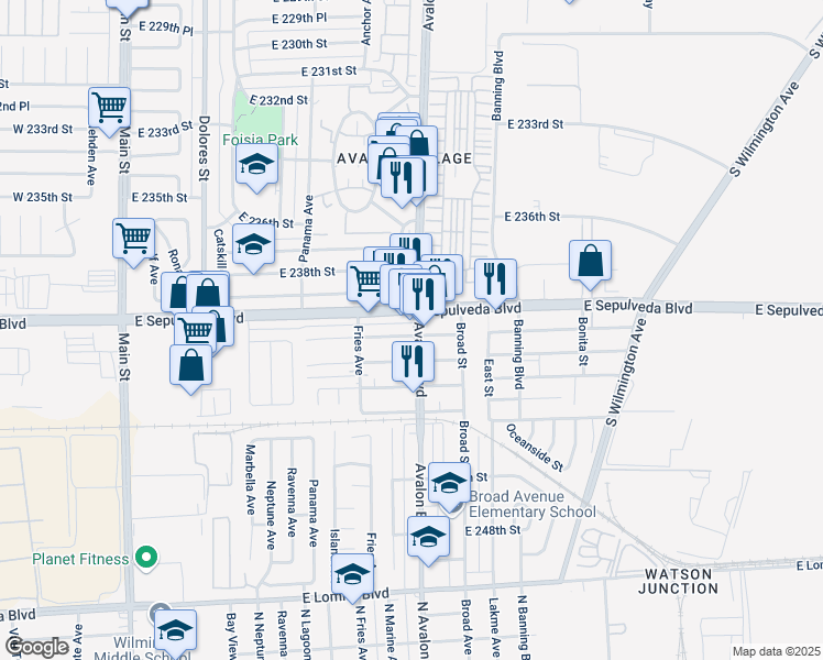 map of restaurants, bars, coffee shops, grocery stores, and more near 23919 Avalon Boulevard in Carson