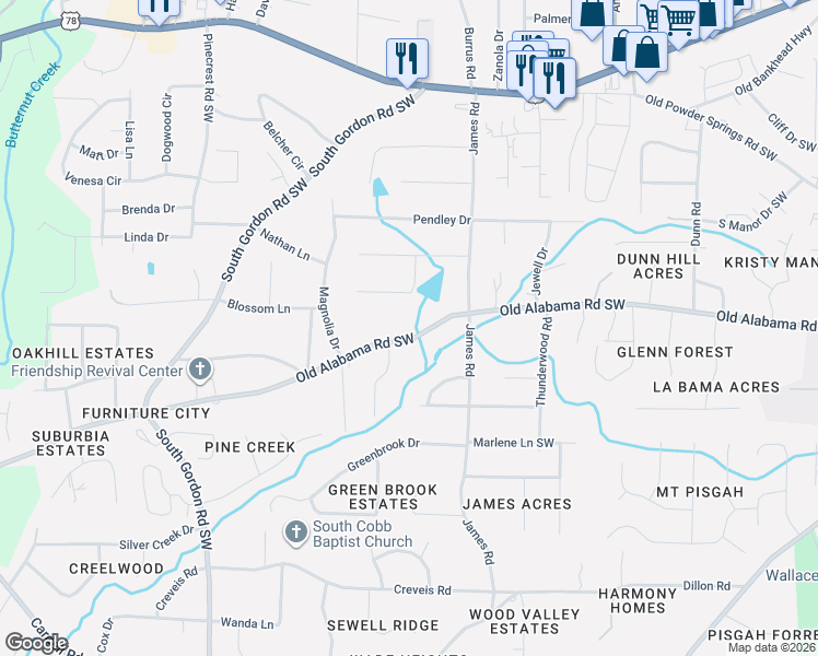map of restaurants, bars, coffee shops, grocery stores, and more near 1583 Old Alabama Road Southwest in Austell