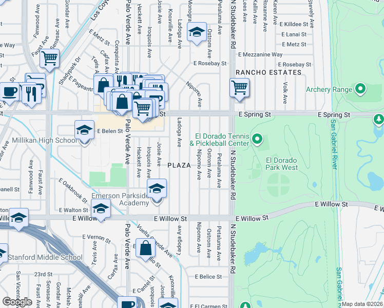 map of restaurants, bars, coffee shops, grocery stores, and more near 2824 Monogram Avenue in Long Beach