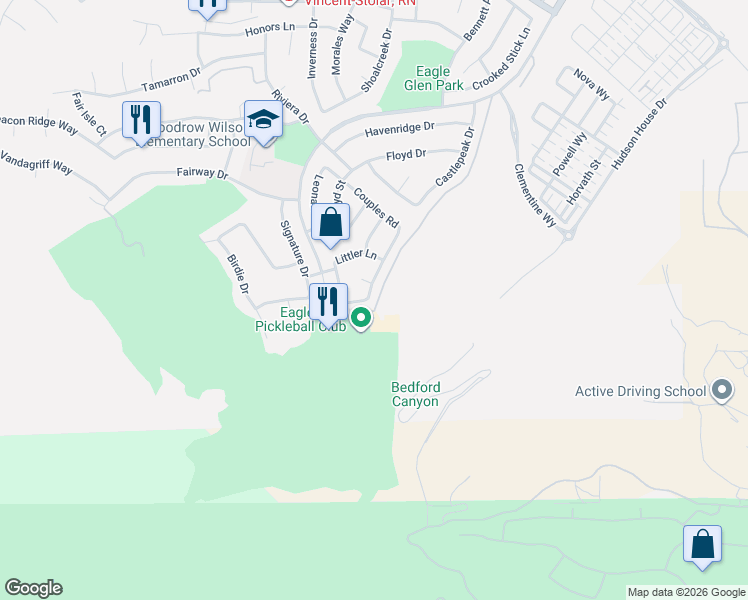 map of restaurants, bars, coffee shops, grocery stores, and more near 4567 Driving Range Road in Corona