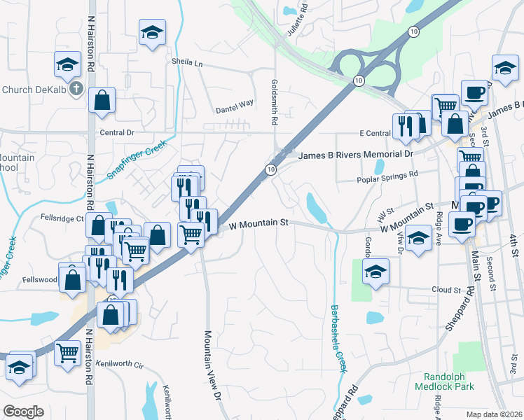 map of restaurants, bars, coffee shops, grocery stores, and more near 5030 West Mountain Street in Stone Mountain