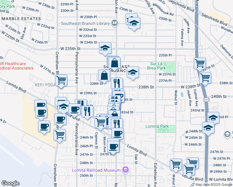 map of restaurants, bars, coffee shops, grocery stores, and more near West 239th Street in Torrance