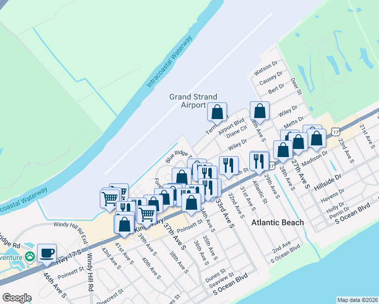 map of restaurants, bars, coffee shops, grocery stores, and more near 1111 Wildwood Tr in North Myrtle Beach