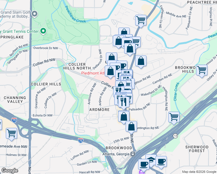 map of restaurants, bars, coffee shops, grocery stores, and more near 1892 Wycliff Road Northwest in Atlanta