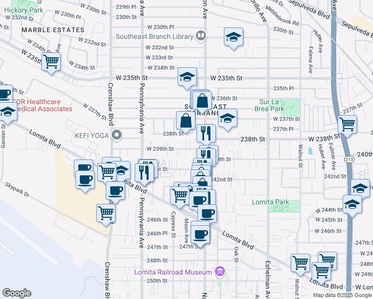 map of restaurants, bars, coffee shops, grocery stores, and more near 2248 239th Street in Torrance
