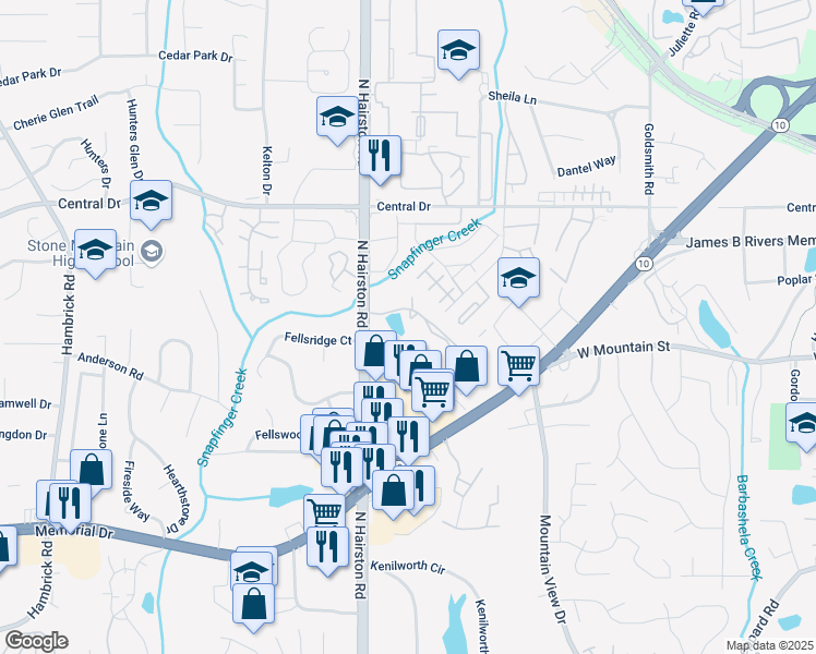 map of restaurants, bars, coffee shops, grocery stores, and more near 1023 North Hairston Road in Stone Mountain