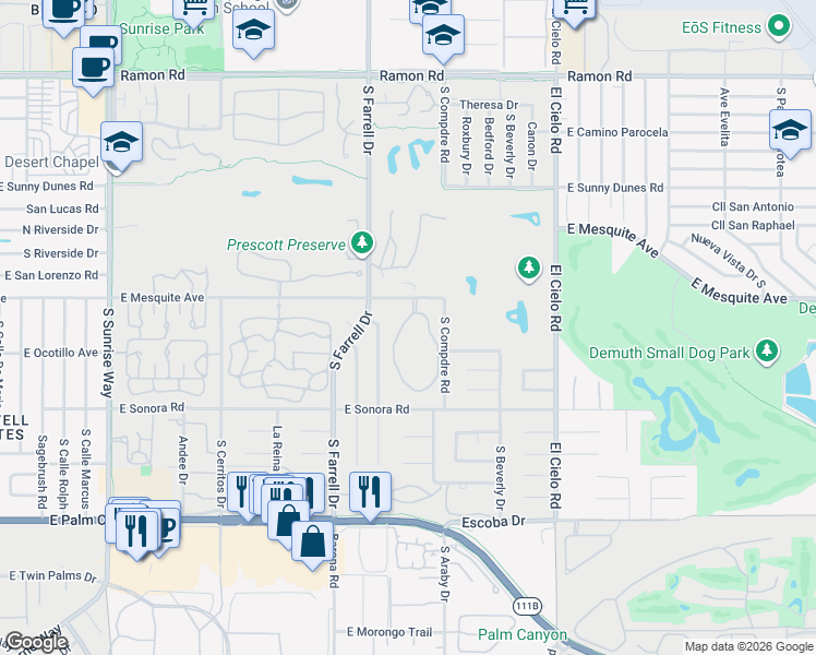 map of restaurants, bars, coffee shops, grocery stores, and more near 2701 East Mesquite Avenue in Palm Springs