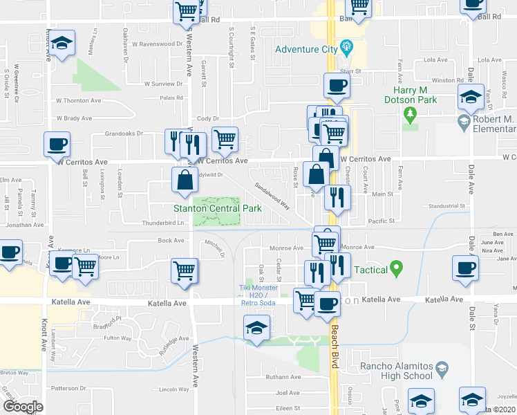 map of restaurants, bars, coffee shops, grocery stores, and more near 10550 Western Avenue in Stanton