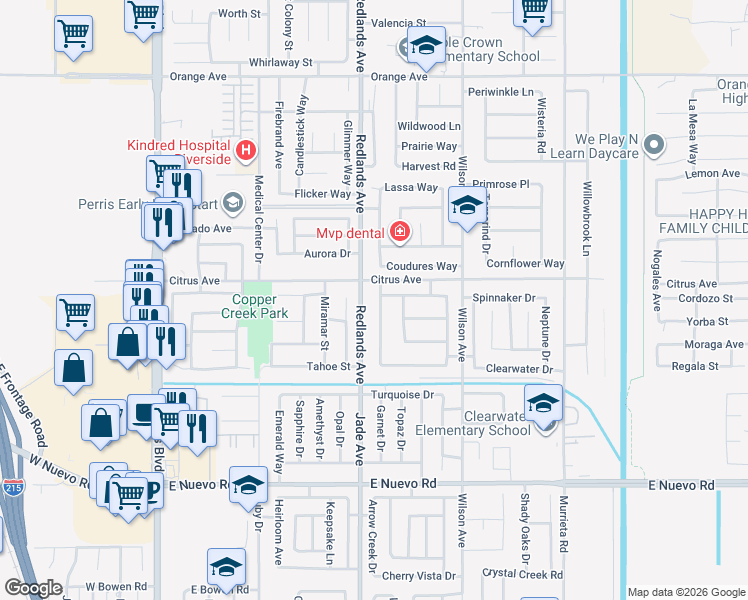 map of restaurants, bars, coffee shops, grocery stores, and more near 1956 Avenida San Sebastian in Perris