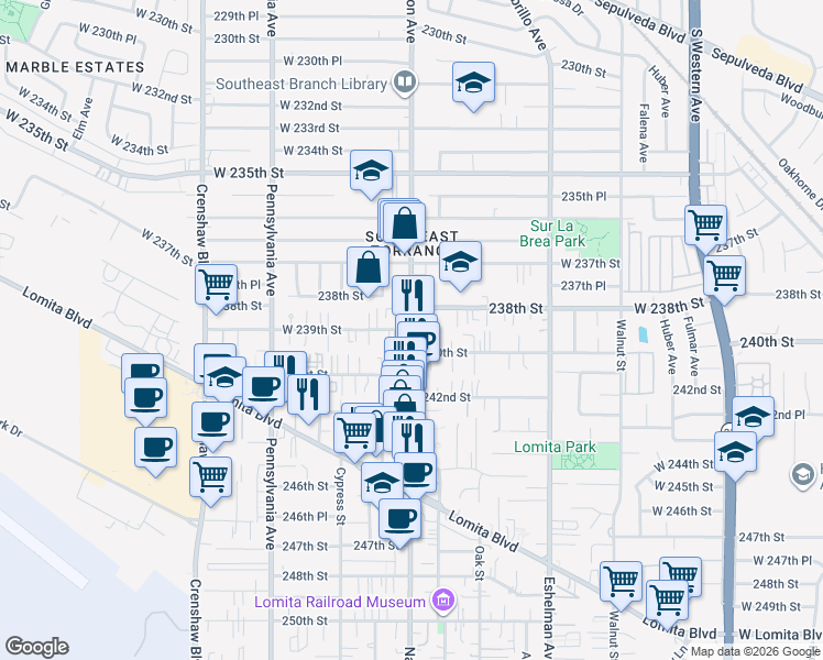 map of restaurants, bars, coffee shops, grocery stores, and more near West 239th Street in Torrance