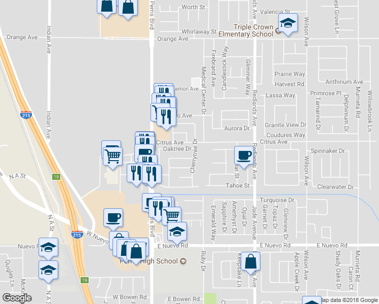 map of restaurants, bars, coffee shops, grocery stores, and more near 171 Oaktree Drive in Perris