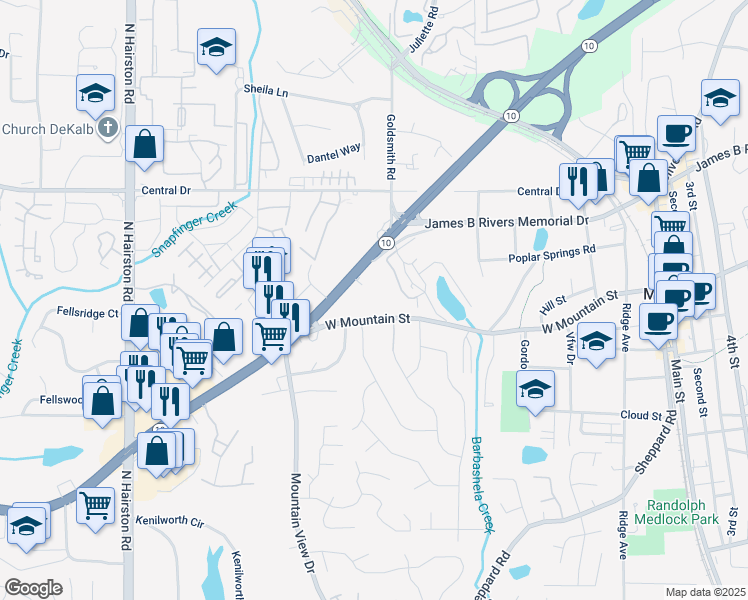 map of restaurants, bars, coffee shops, grocery stores, and more near 5045 West Mountain Street in Stone Mountain