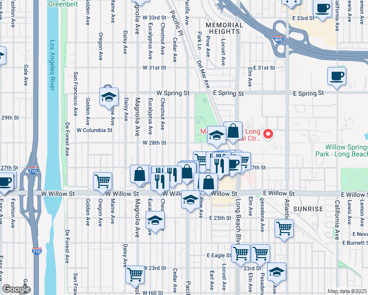 map of restaurants, bars, coffee shops, grocery stores, and more near 2747 Pacific Avenue in Long Beach