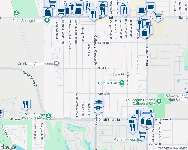 map of restaurants, bars, coffee shops, grocery stores, and more near 33256 Pueblo Trail in Cathedral City
