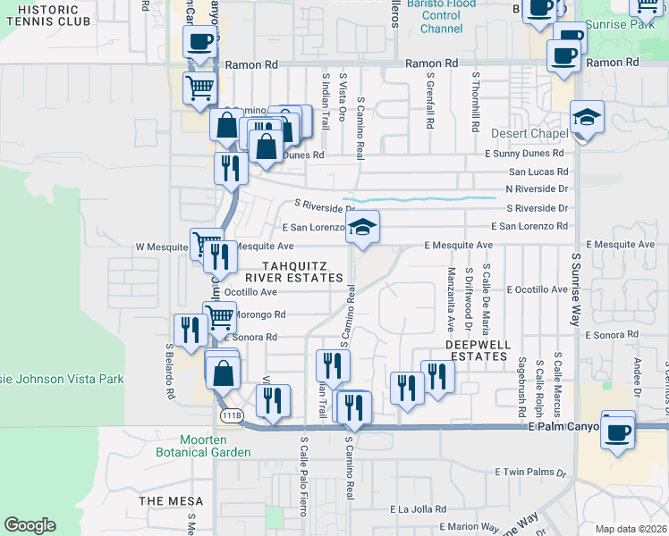 map of restaurants, bars, coffee shops, grocery stores, and more near 1177 South Camino Real in Palm Springs