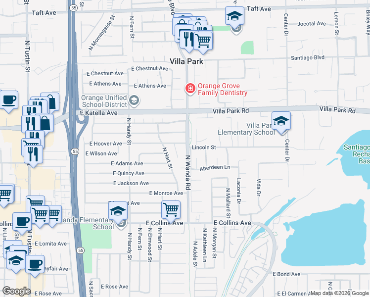 map of restaurants, bars, coffee shops, grocery stores, and more near 1152 North Wanda Road in Orange
