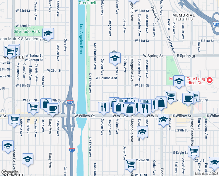 map of restaurants, bars, coffee shops, grocery stores, and more near 2741 Oregon Avenue in Long Beach
