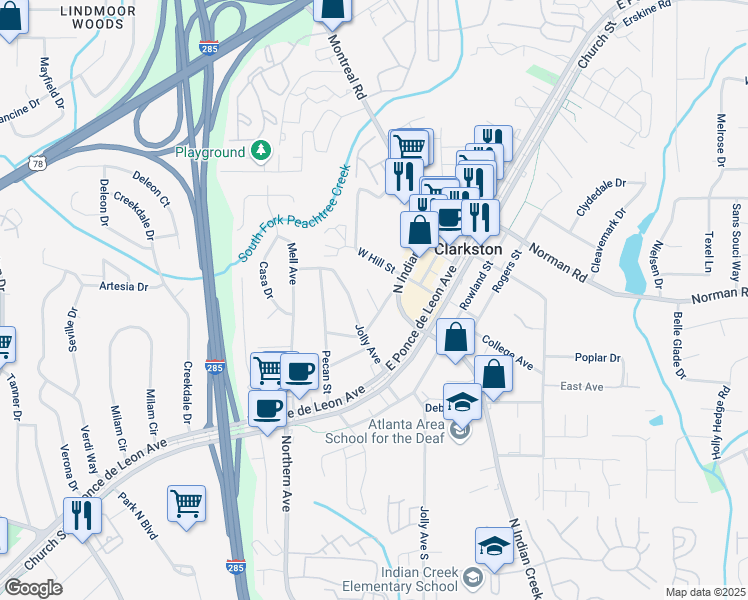 map of restaurants, bars, coffee shops, grocery stores, and more near 985 Smith Street in Clarkston