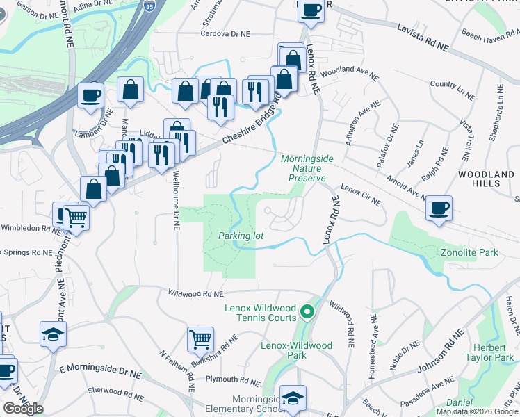 map of restaurants, bars, coffee shops, grocery stores, and more near 1161 Morningside Place Northeast in Atlanta