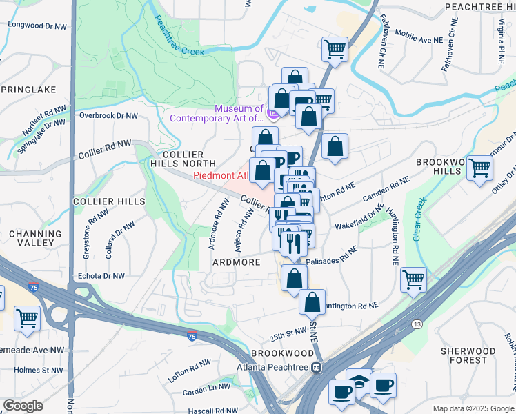 map of restaurants, bars, coffee shops, grocery stores, and more near 1892 Wycliff Road Northwest in Atlanta