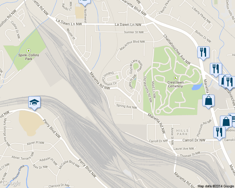 map of restaurants, bars, coffee shops, grocery stores, and more near 1929 Ford Street Northwest in Atlanta