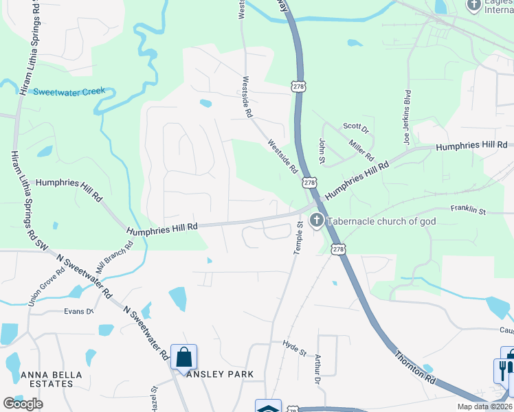 map of restaurants, bars, coffee shops, grocery stores, and more near 6410 Kensington Court in Austell