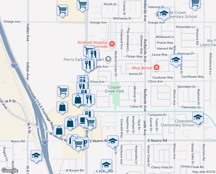 map of restaurants, bars, coffee shops, grocery stores, and more near 171 Oaktree Drive in Perris
