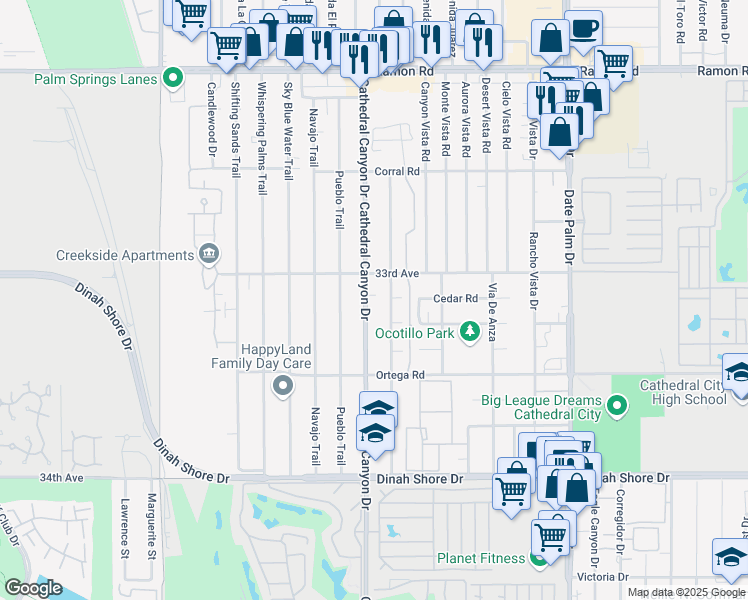 map of restaurants, bars, coffee shops, grocery stores, and more near 33140 Cathedral Canyon Drive in Cathedral City