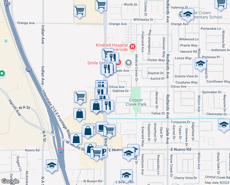 map of restaurants, bars, coffee shops, grocery stores, and more near 117 Oaktree Drive in Perris