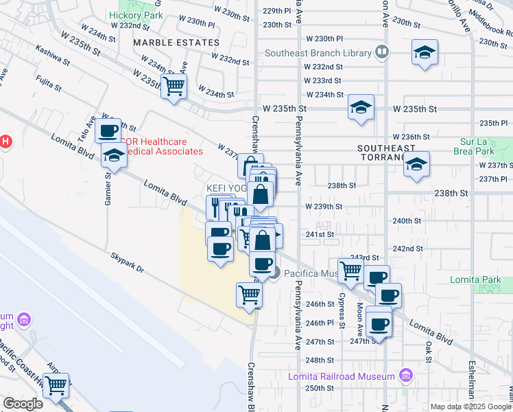 map of restaurants, bars, coffee shops, grocery stores, and more near Crenshaw Blvd & 239th St in Torrance