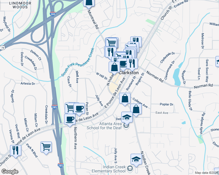 map of restaurants, bars, coffee shops, grocery stores, and more near 985 Smith Street in Clarkston