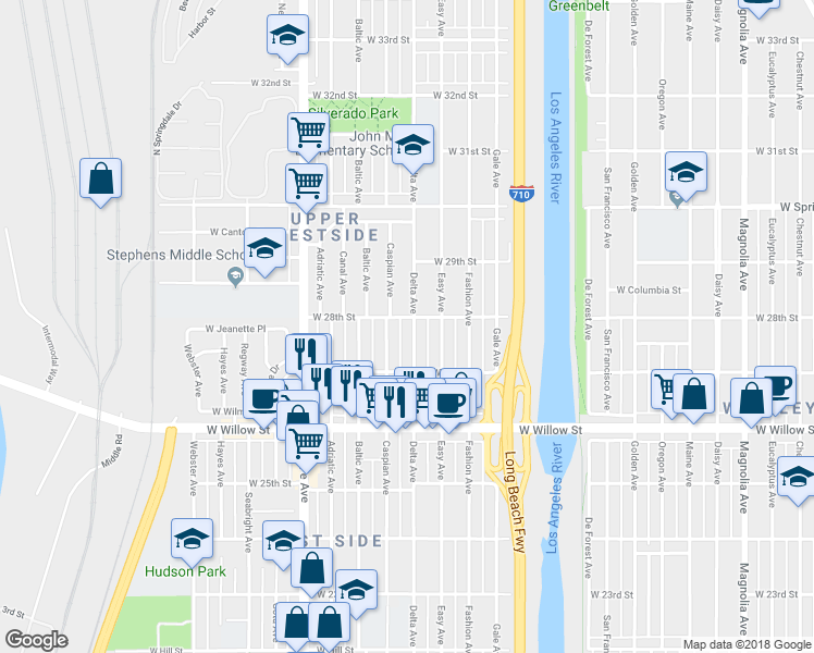 map of restaurants, bars, coffee shops, grocery stores, and more near 2781 Delta Avenue in Long Beach