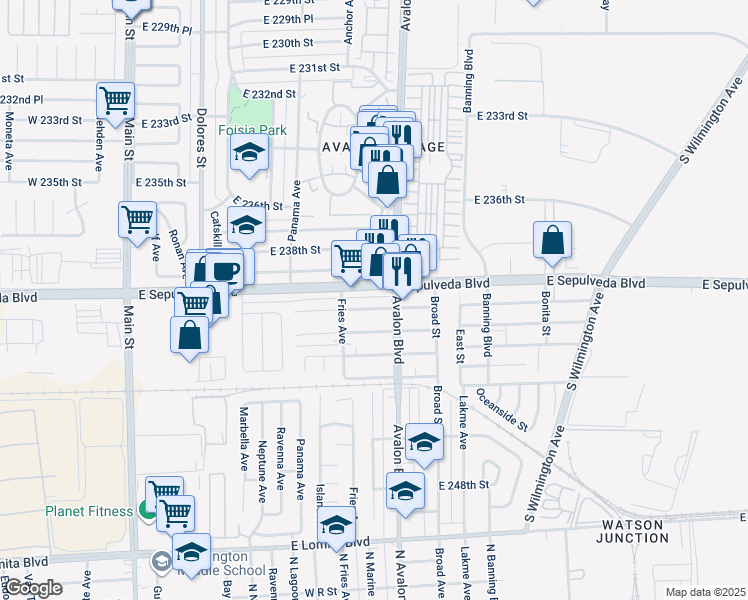 map of restaurants, bars, coffee shops, grocery stores, and more near 23919 Avalon Boulevard in Carson