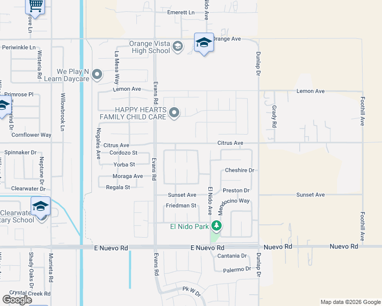 map of restaurants, bars, coffee shops, grocery stores, and more near 1969 Tupelo Way in Perris