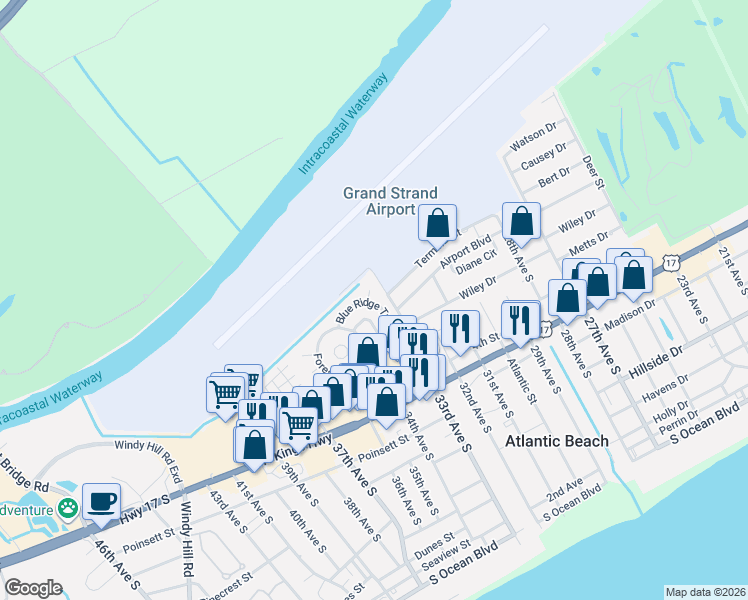 map of restaurants, bars, coffee shops, grocery stores, and more near 1111 Wildwood Tr in North Myrtle Beach
