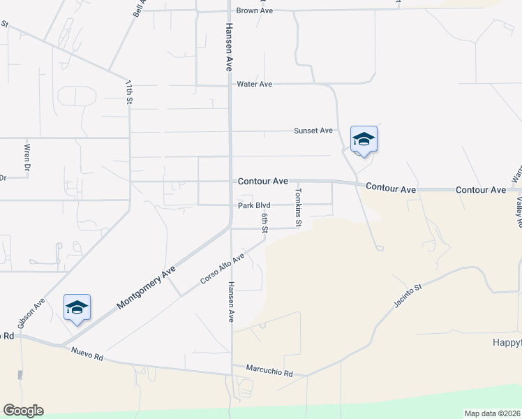 map of restaurants, bars, coffee shops, grocery stores, and more near 31343 Park Boulevard in Nuevo