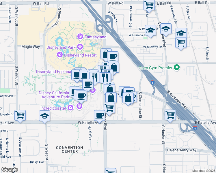 map of restaurants, bars, coffee shops, grocery stores, and more near 1650 South Harbor Boulevard in Anaheim
