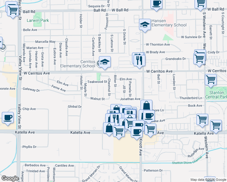 map of restaurants, bars, coffee shops, grocery stores, and more near 10661 Ritter Street in Cypress