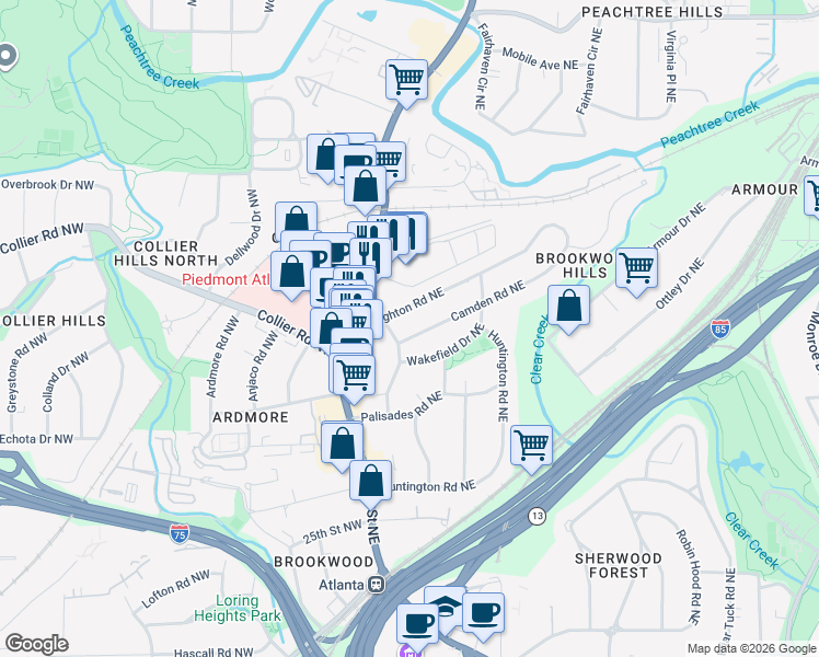 map of restaurants, bars, coffee shops, grocery stores, and more near 45 Montclair Drive Northeast in Atlanta