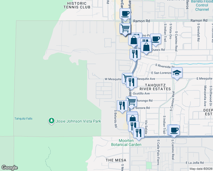 map of restaurants, bars, coffee shops, grocery stores, and more near 306 Marble Lane in Palm Springs