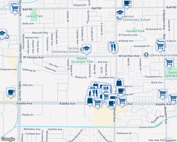 map of restaurants, bars, coffee shops, grocery stores, and more near 10681 Chestnut Street in Cypress
