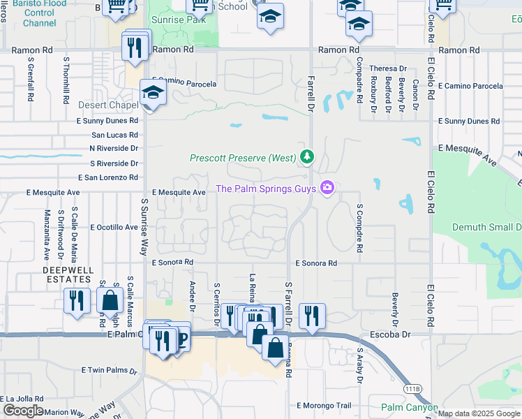 map of restaurants, bars, coffee shops, grocery stores, and more near 2311 Silver Oak Circle in Palm Springs