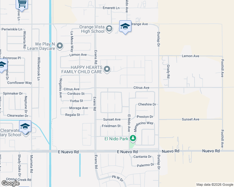 map of restaurants, bars, coffee shops, grocery stores, and more near 1969 Tupelo Way in Perris