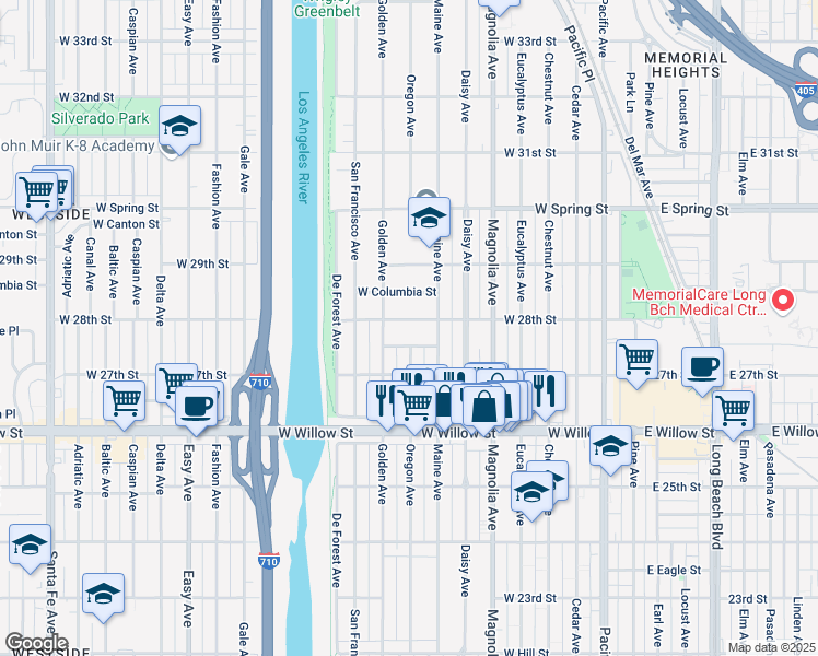 map of restaurants, bars, coffee shops, grocery stores, and more near 810 West Columbia Street in Long Beach