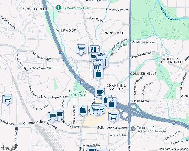 map of restaurants, bars, coffee shops, grocery stores, and more near 1950 Howell Mill Road Northwest in Atlanta
