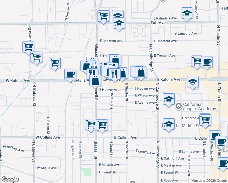 map of restaurants, bars, coffee shops, grocery stores, and more near 320 East Katella Avenue in Orange
